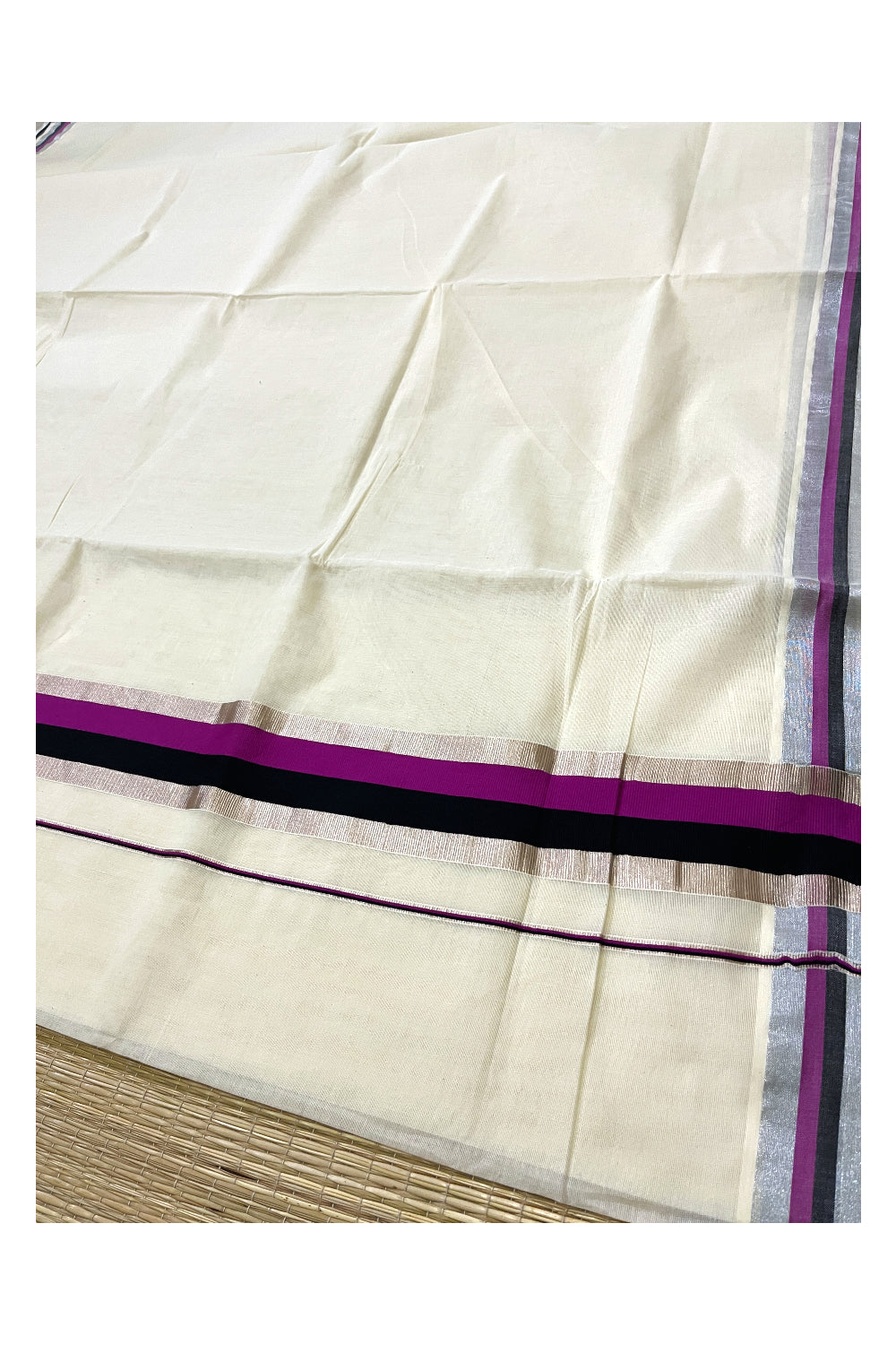 Kerala Pure Cotton Plain Saree with Silver Kasavu Magenta and Black Border