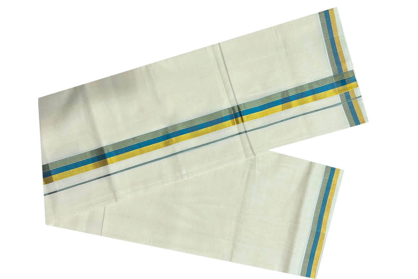 Southloom Kuthampully Handloom Pure Cotton Mundu with Goden and Teal Blue Kasavu Border (South Indian Dhoti)