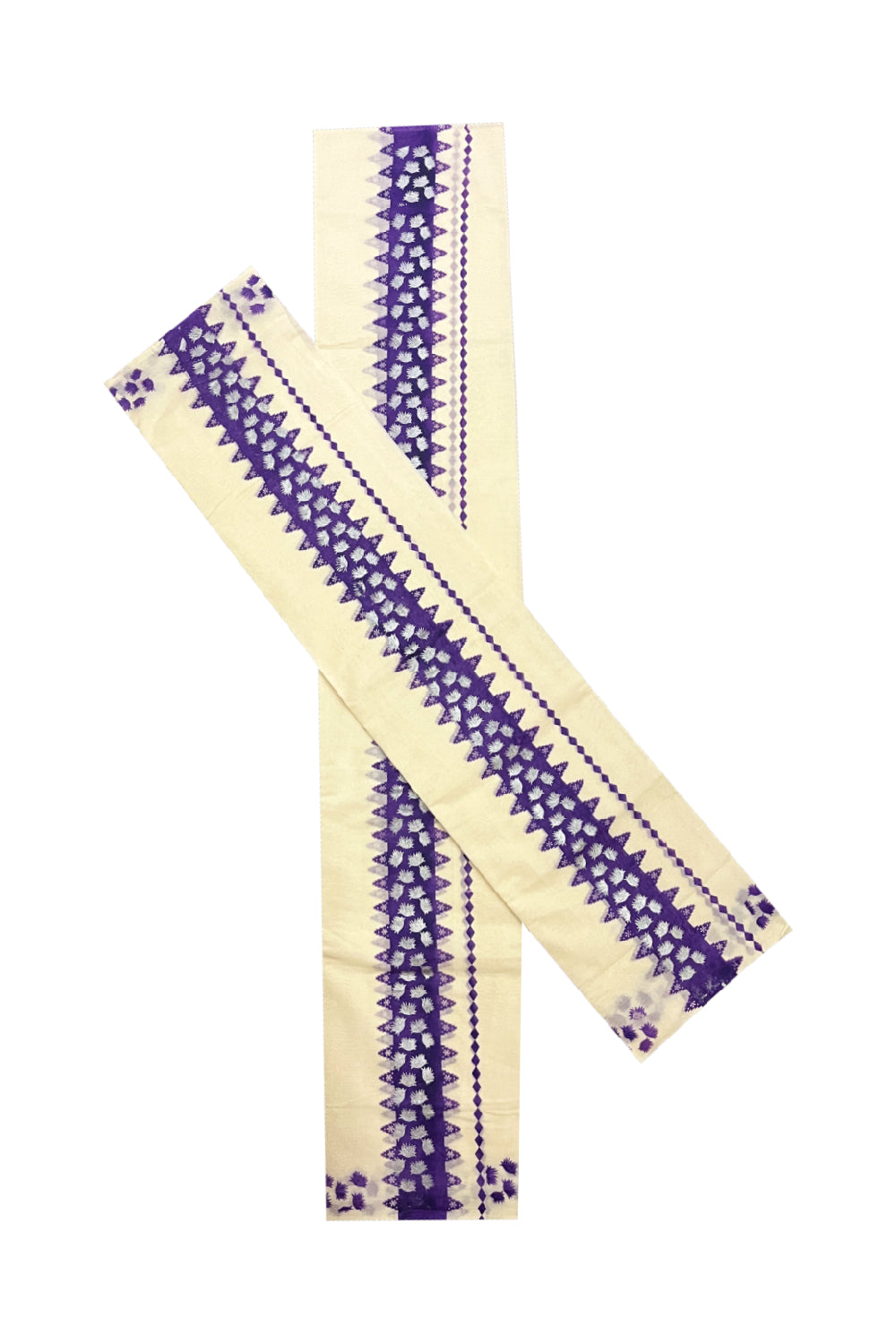 Kerala Cotton Single Set Mundu (Mundum Neriyathum) with Violet Block Prints on Border