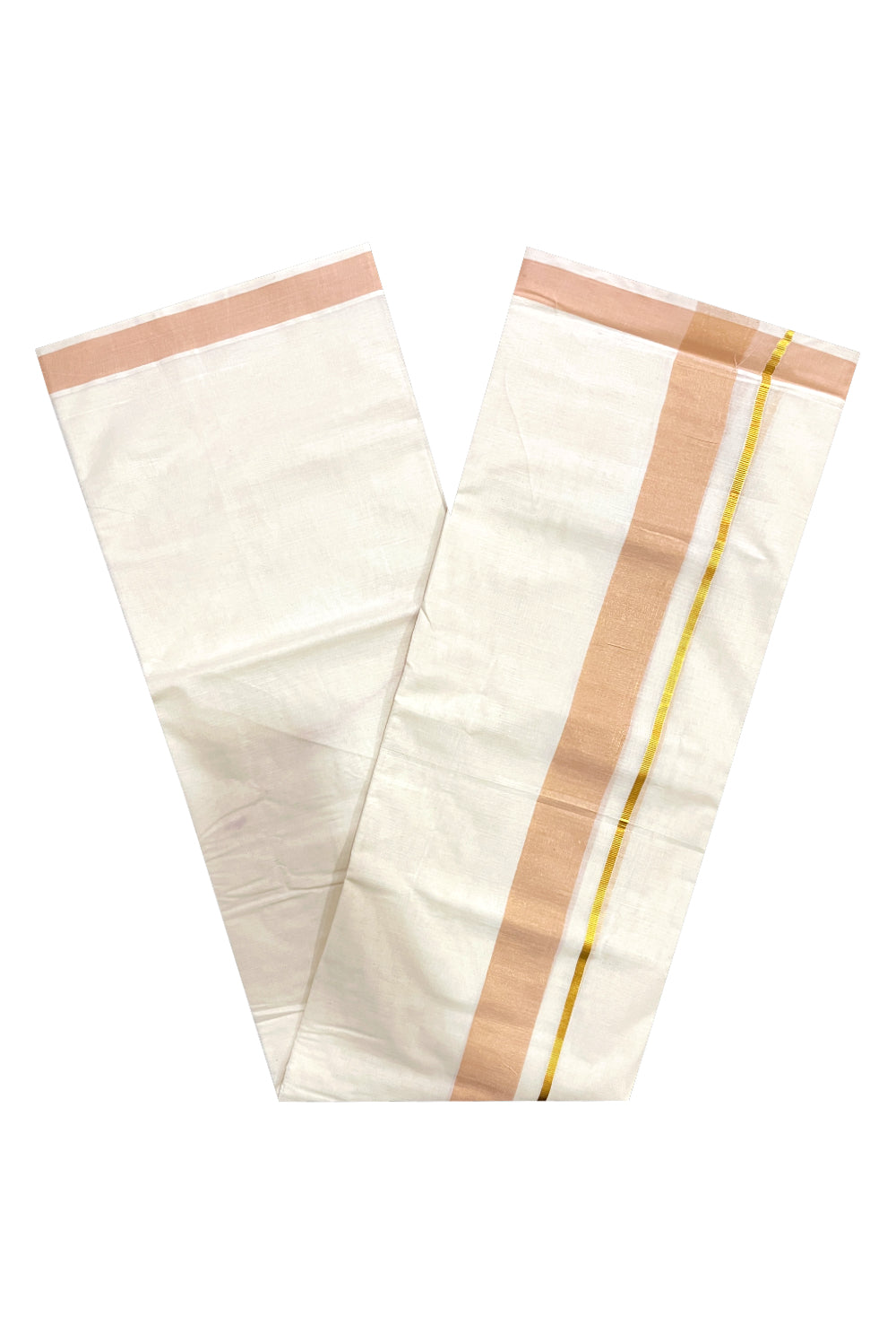 Pure Cotton Double Mundu with Kasavu Light Peach Kara (South Indian Dhoti)