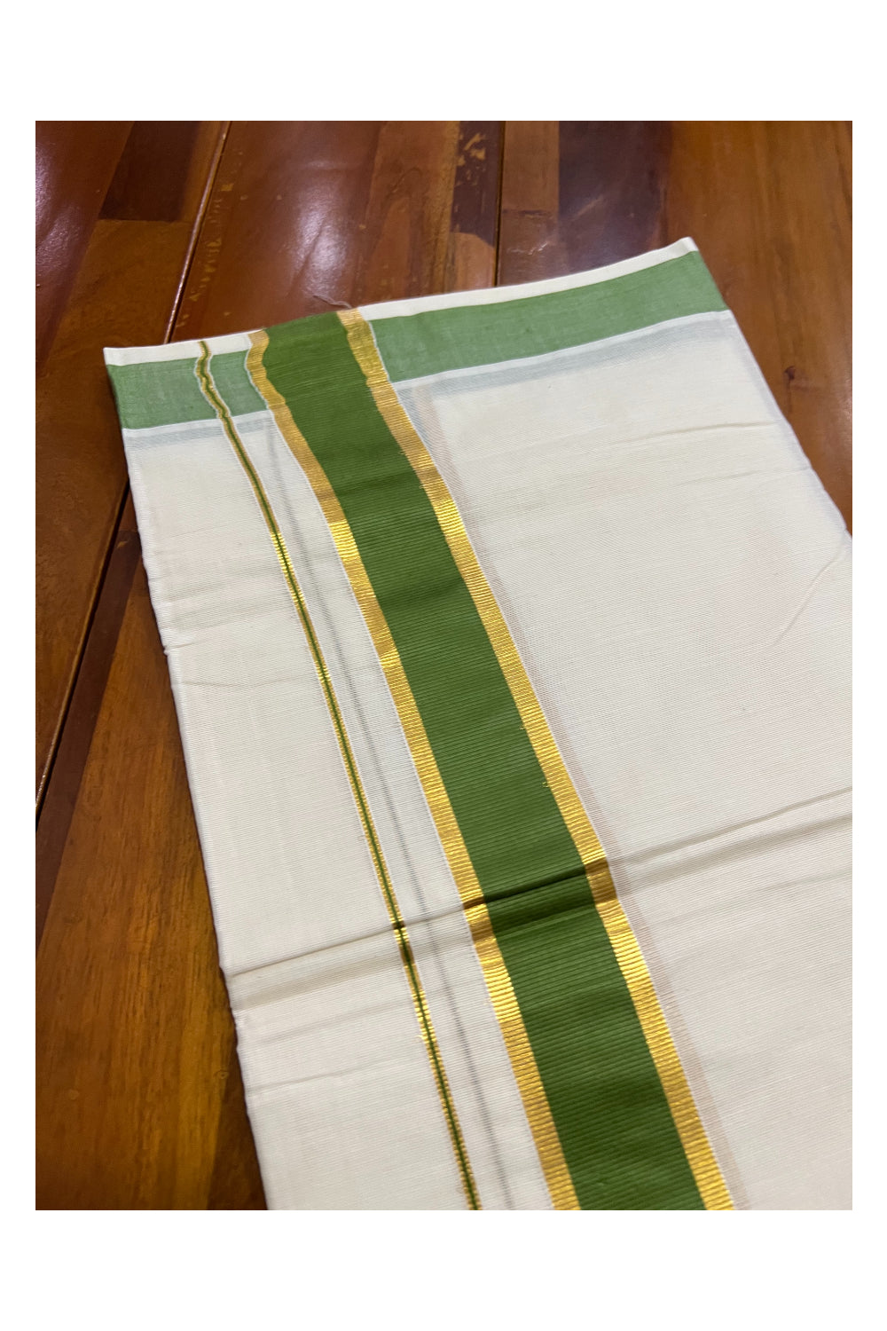 Off White Kerala Double Mundu with Kasavu and Green Border (South Indian Dhoti)