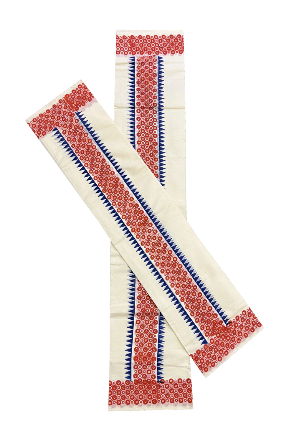 Kerala Cotton Set Mundu (Mundum Neriyathum) with Red Block Prints and Blue Temple Border