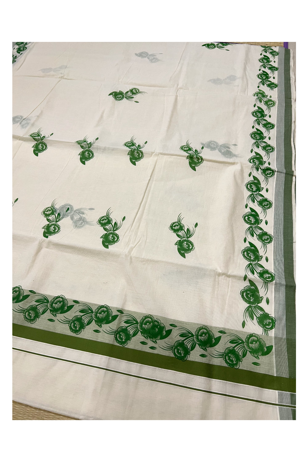 Pure Cotton Kerala Saree with Bottle Green Floral Block Printed Design