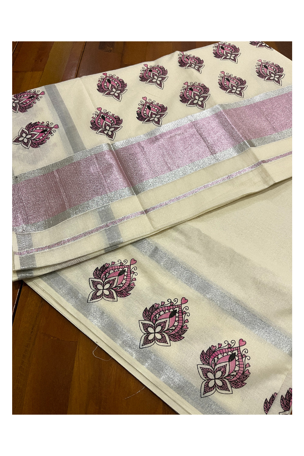 Kerala Cotton Silver and Pink Kasavu Border Saree with Block Printed Design