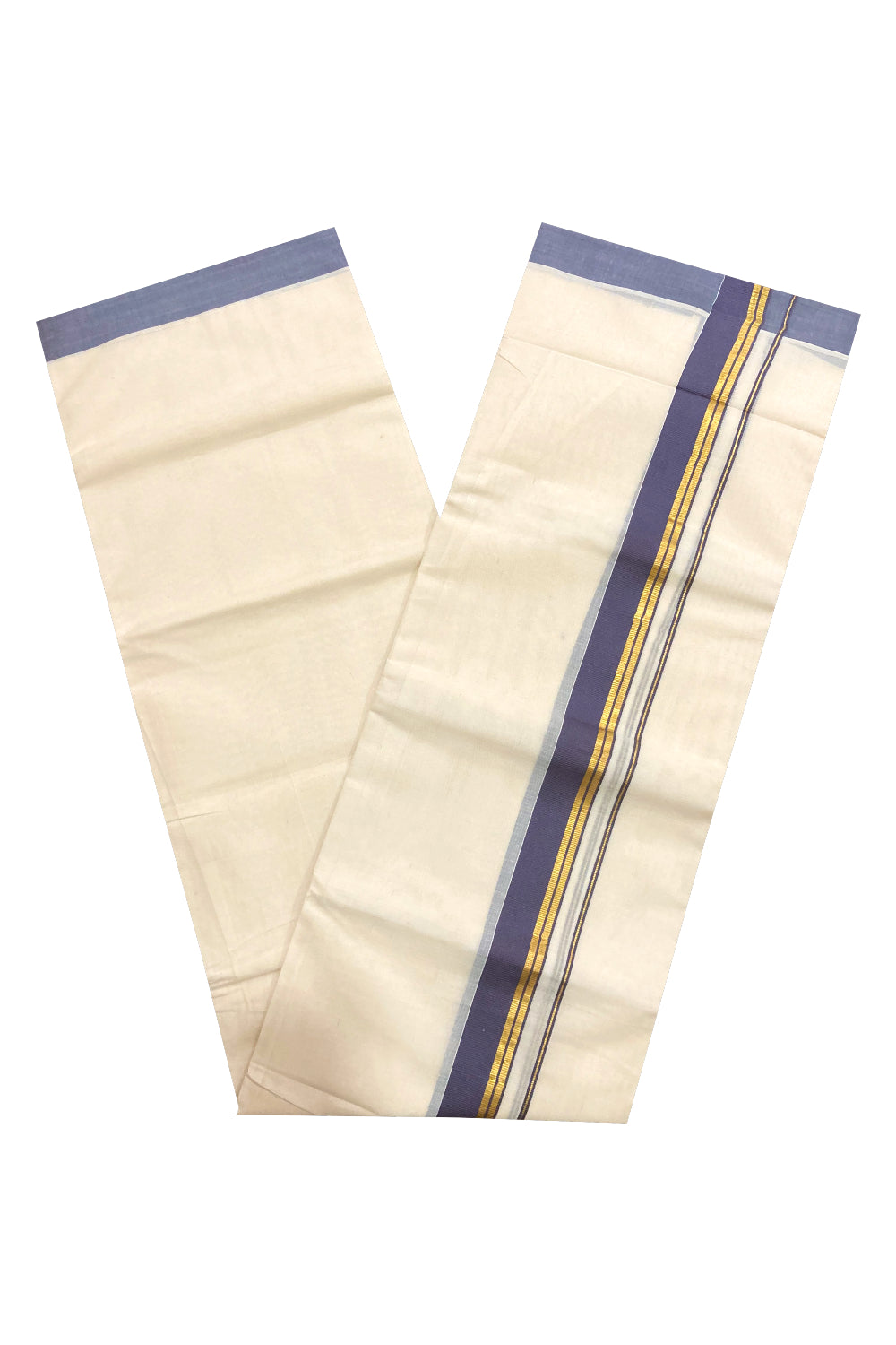 Off White Pure Cotton Double Mundu with Kasavu and Grey Border (South Indian Dhoti)