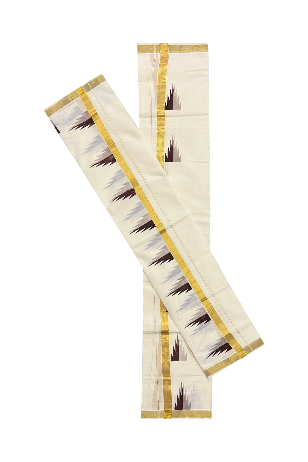 Kerala Cotton Kasavu Set Mundu (Mundum Neriyathum) with Brown Temple Block Prints