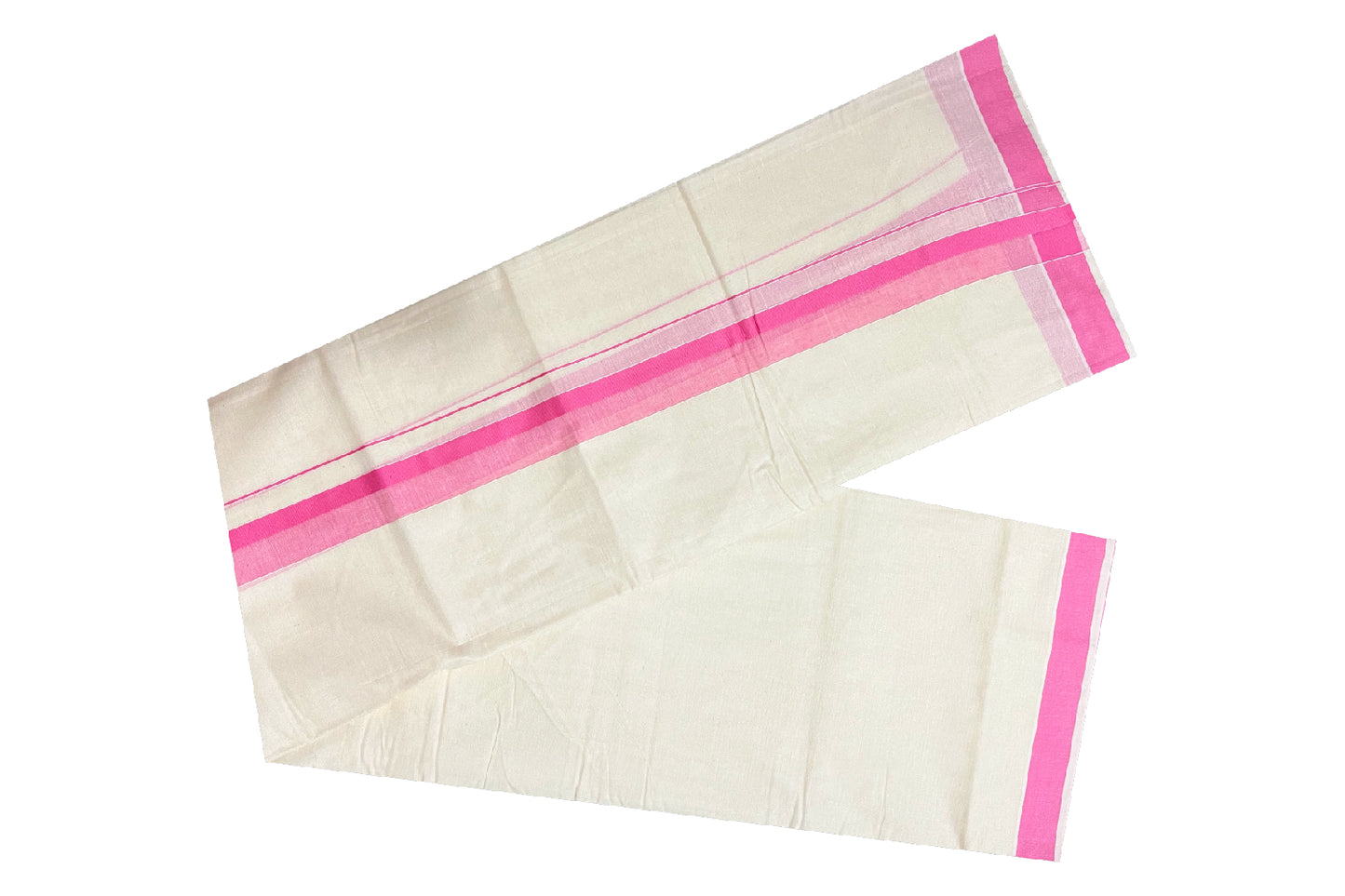 Off White Pure Cotton Double Mundu with Pink Shaded Kara (South Indian Dhoti)