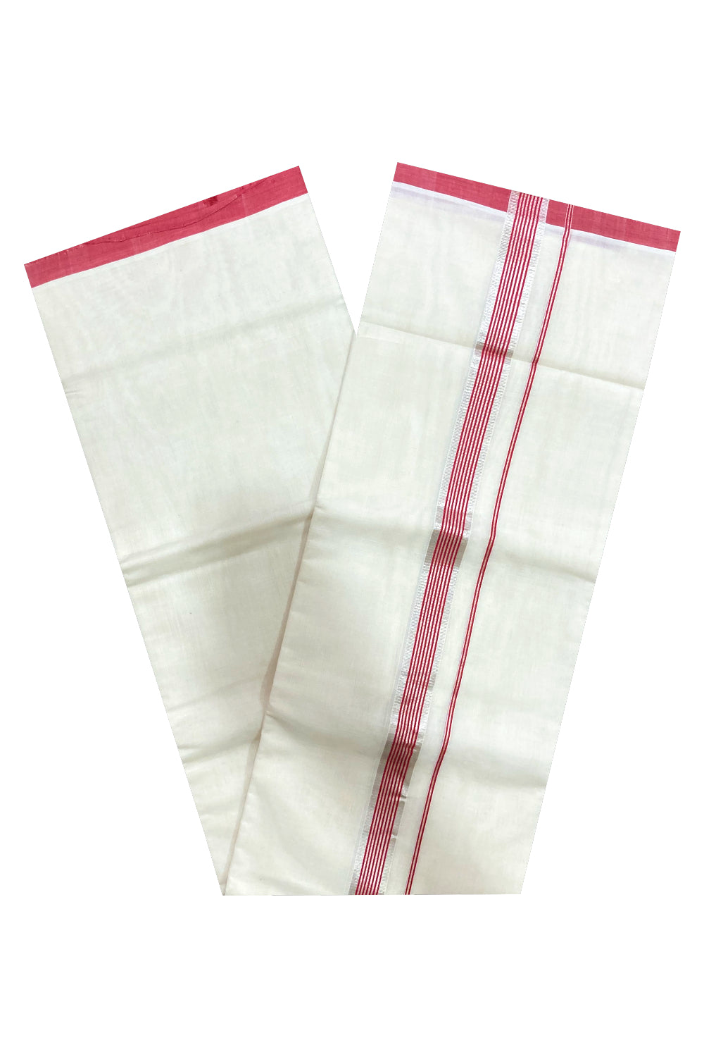 Southloom Premium Handloom Pure Cotton Mundu with Red and Silver Kasavu Border (South Indian Dhoti)