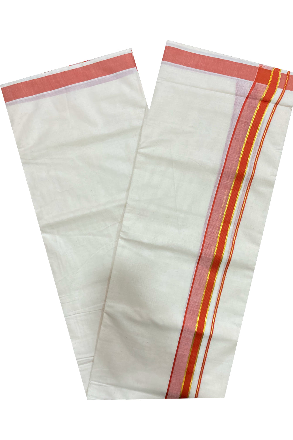 Pure Cotton Double Mundu with Dark Orange and Kasavu Border (South Indian Dhoti)