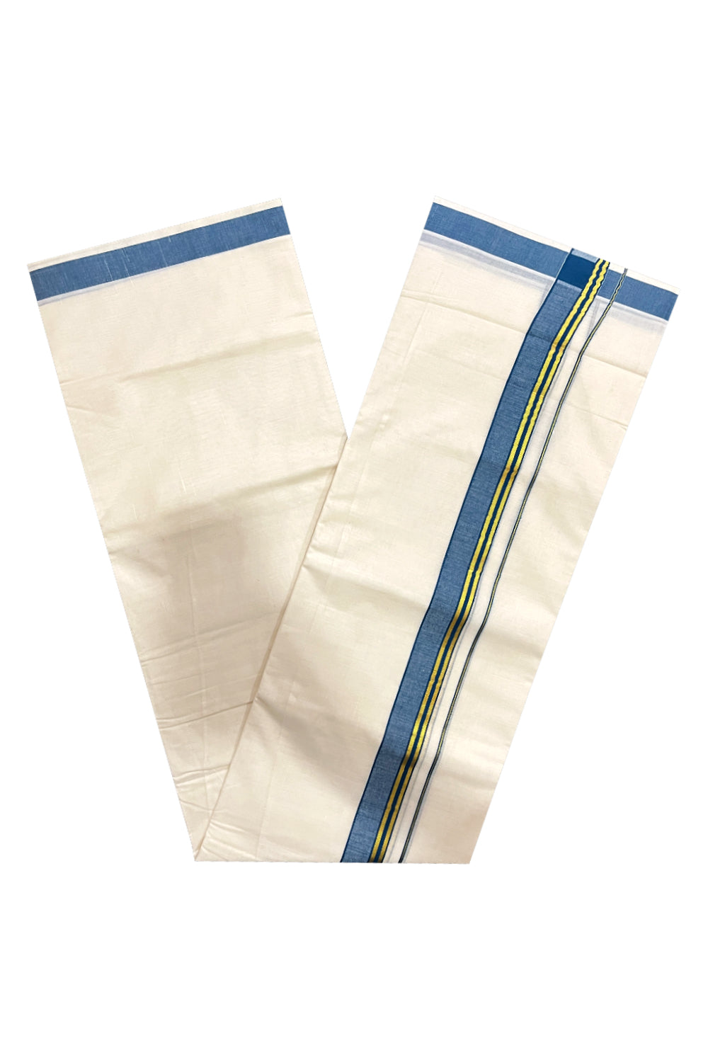 Pure Cotton Off White Double Mundu with Blue and Kasavu Kara (South Indian Dhoti)