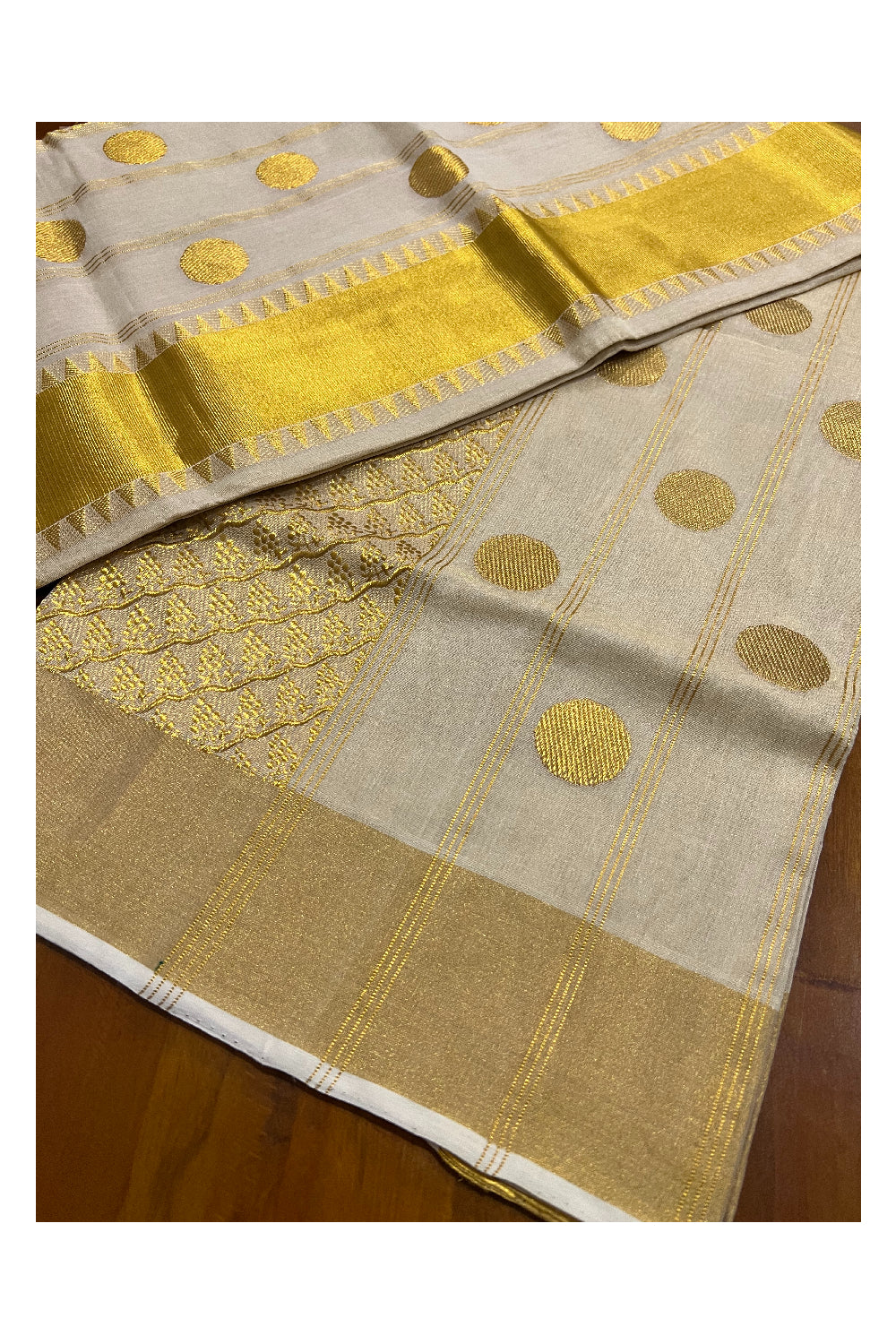 Southloom Onam 2022 Premium Handloom Tissue Kasavu Saree with Woven Polks Motifs