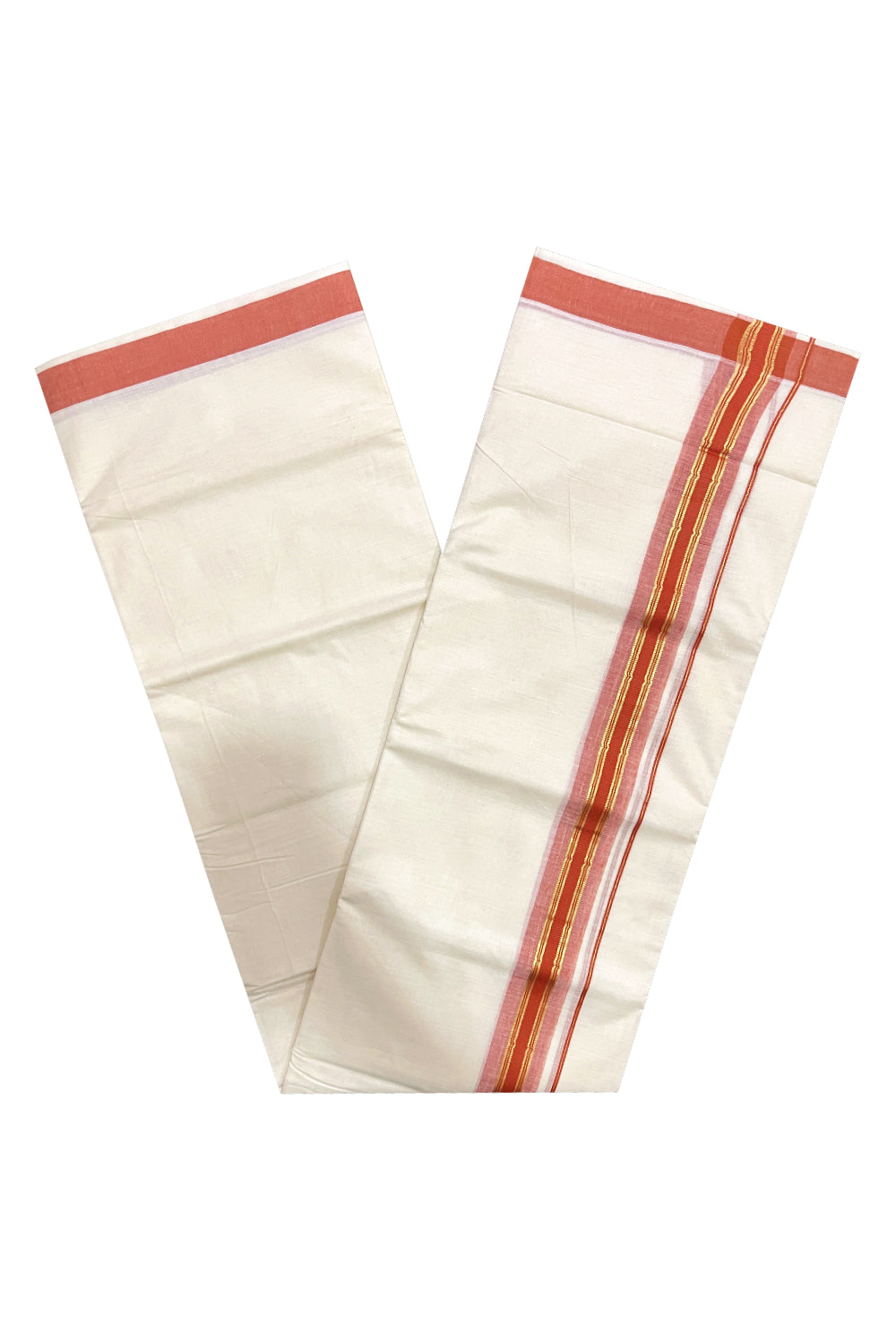 Pure Cotton Double Mundu with Kasavu Orange Kara (South Indian Dhoti)