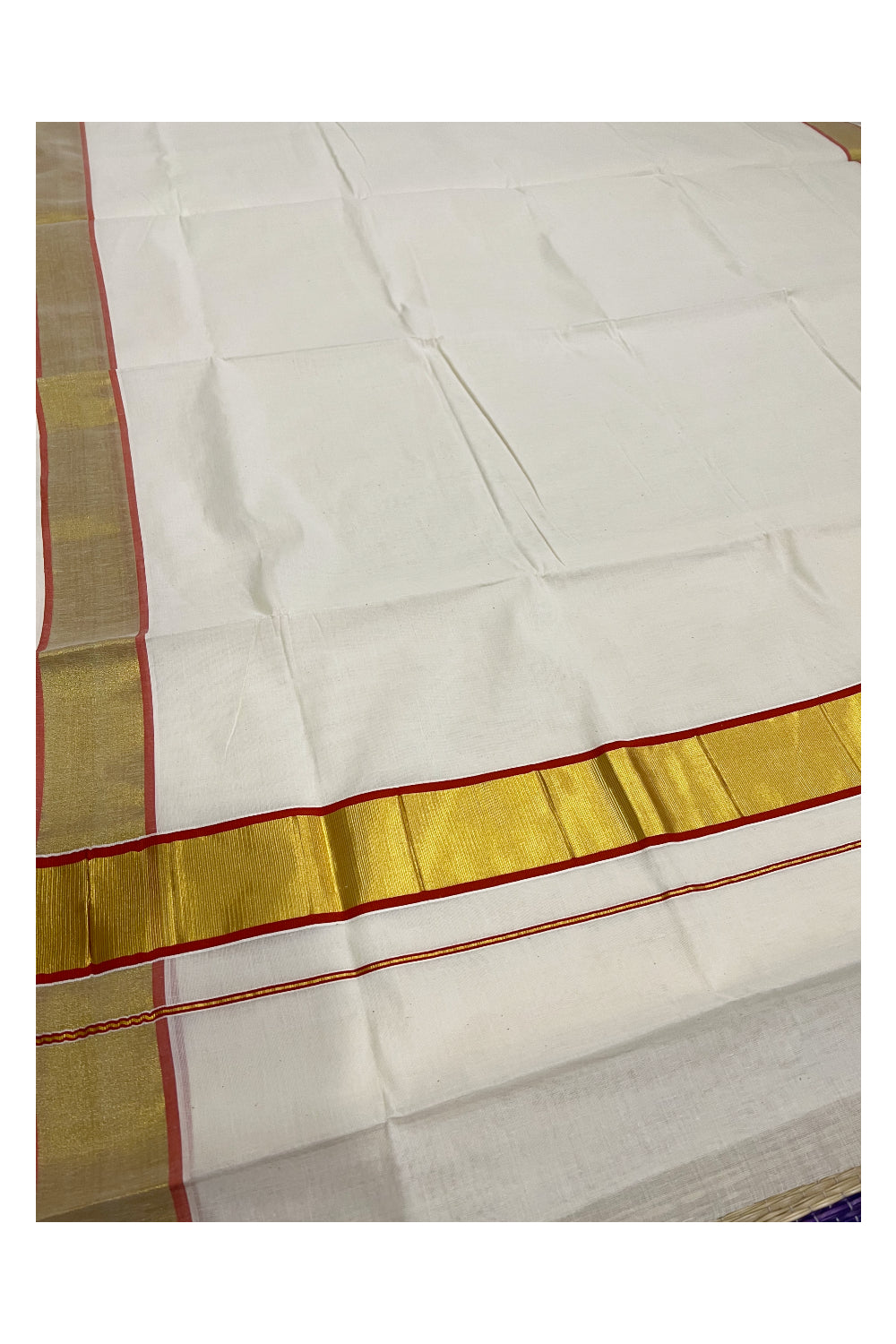 Pure Cotton Kerala Plain Saree with Kasavu and Red Border