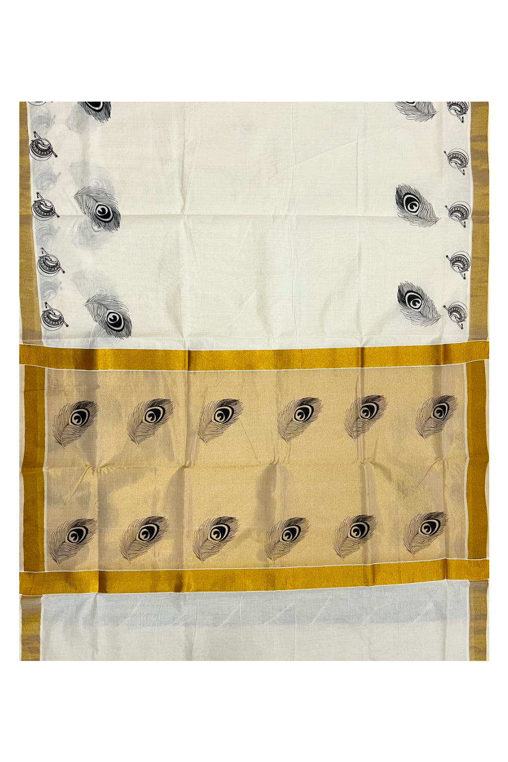 Kerala Cotton Kasavu Saree with Black Feather Block Prints on Border and Tissue Pallu
