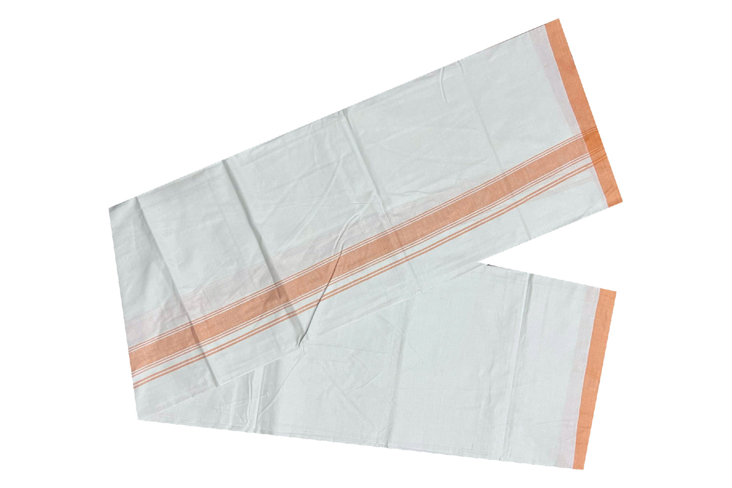 Southloom Premium Handloom Pure White Single Mundu with Orange Border (Lungi)