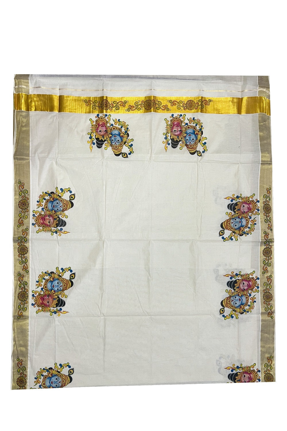 Pure Cotton Kerala Kasavu Saree with Mural Printed Krishna Radha Face Design