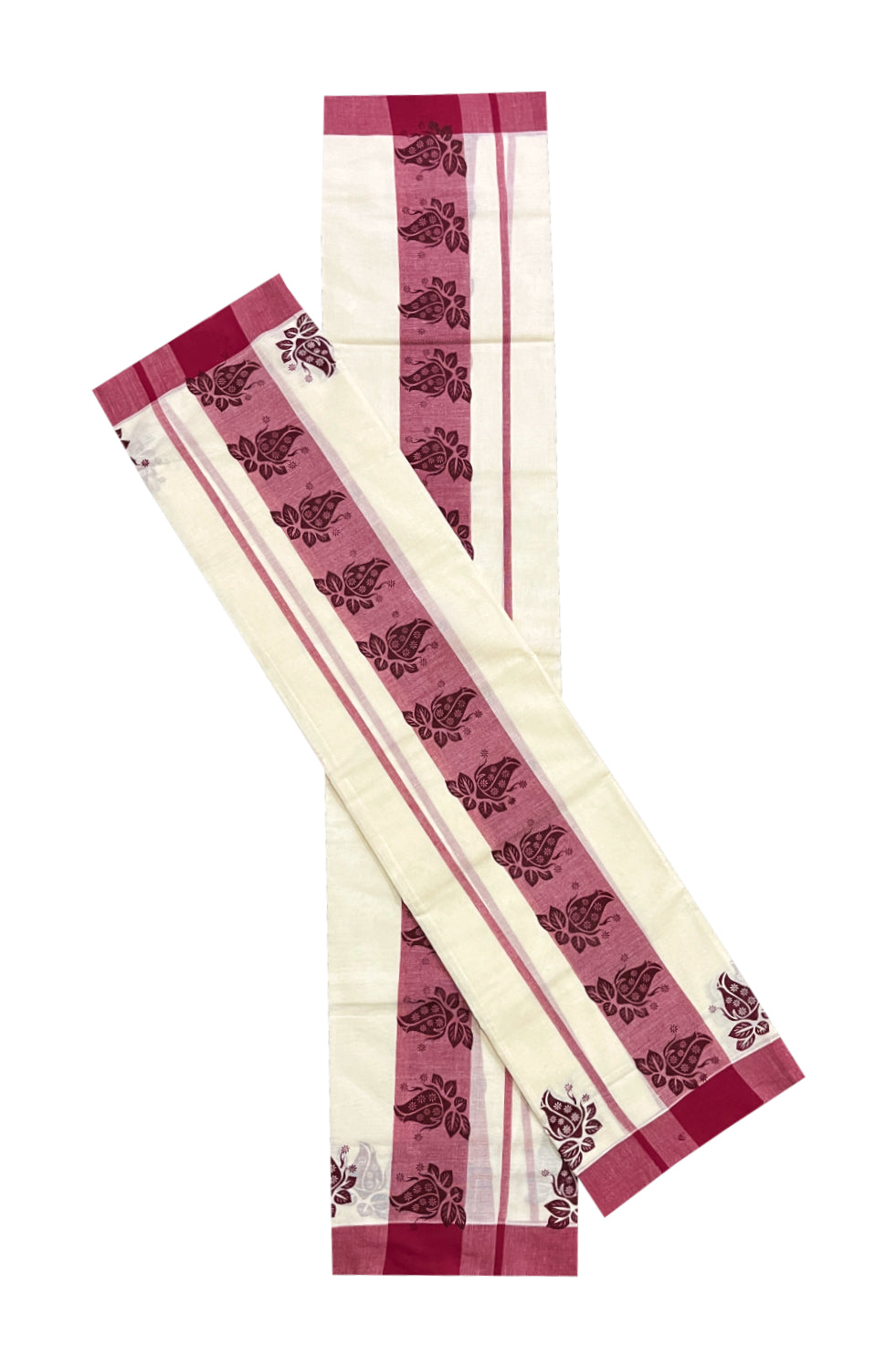 Kerala Cotton Set Mundu (Mundum Neriyathum) with Maroon Block Prints on Border