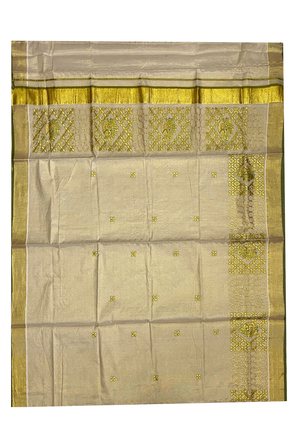 Kerala Tissue Kasavu Heavy Work Saree with Golden and Green Peacock Embroidery Design