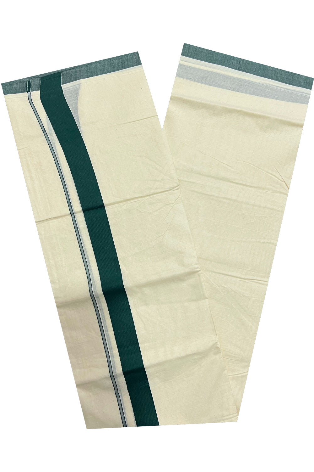 Pure Cotton Off White Double Mundu with Dark Green Border (South Indian Dhoti)