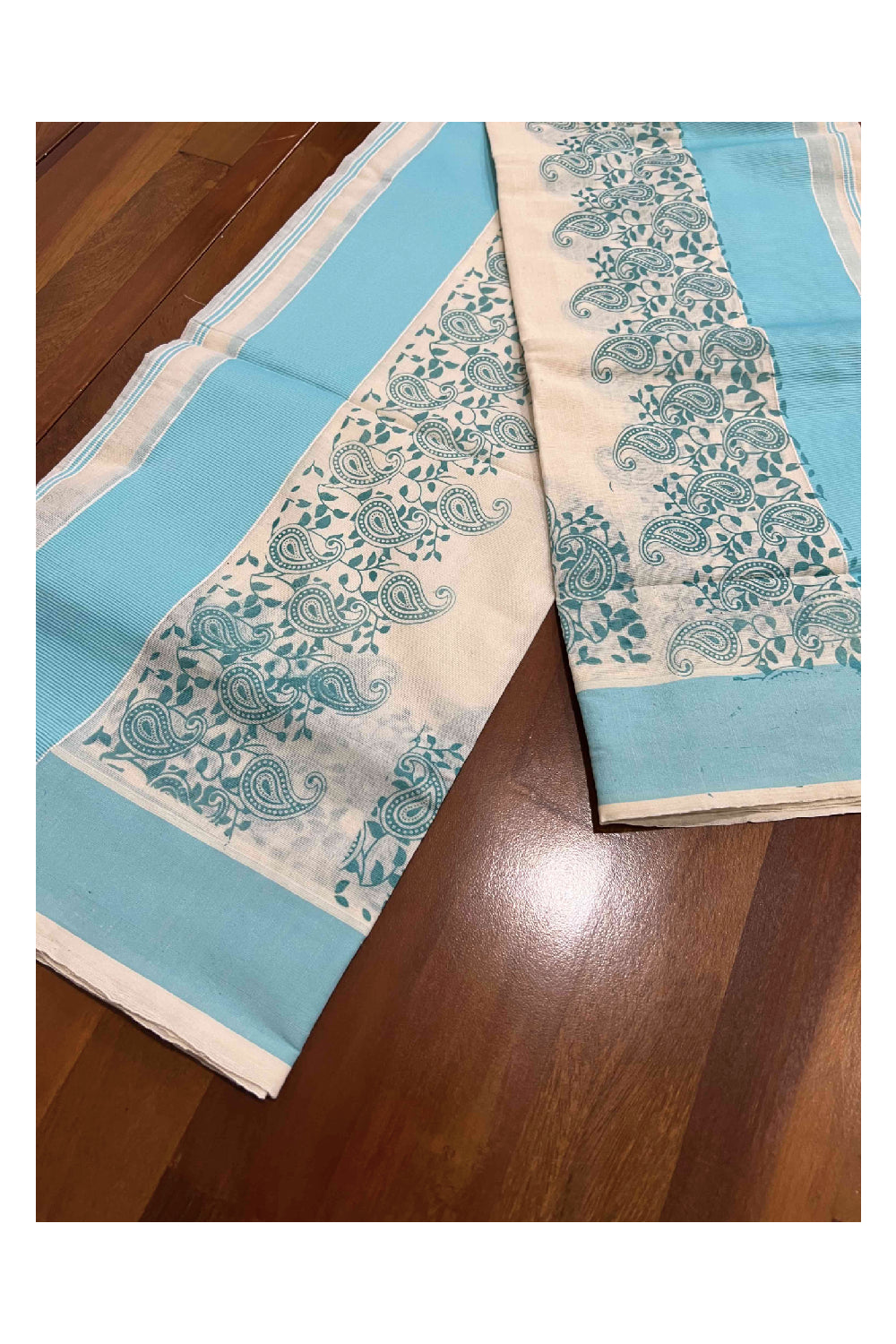 Kerala Cotton Set Mundu (Mundum Neriyathum) with Sky Blue Block Printed Border