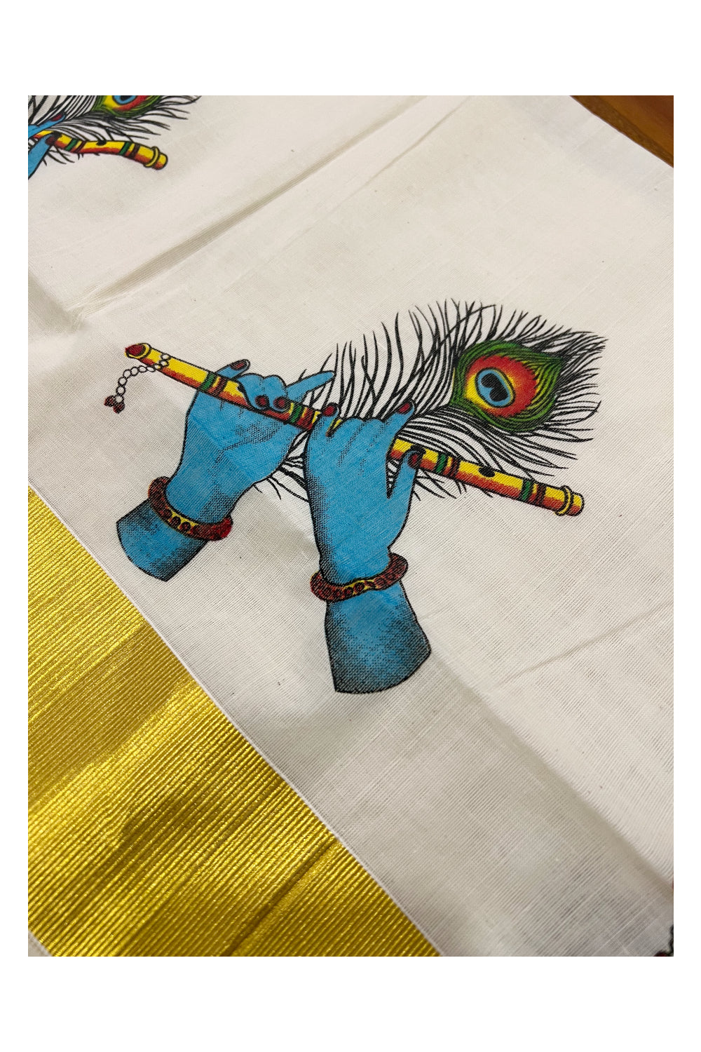 Pure Cotton Kasavu Set Mundu (Mundum Neriyathum) with Feather and Flute on Krishna Hands Mural Prints on Border 2.80 Mtrs