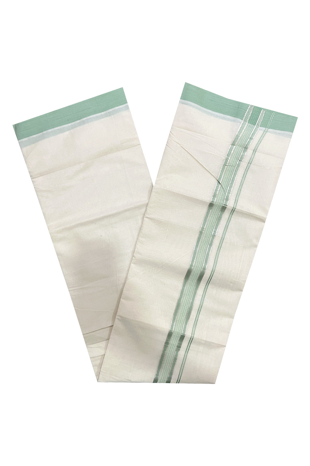 Pure Cotton Off White Double Mundu with Green and Silver Kara (South Indian Dhoti)