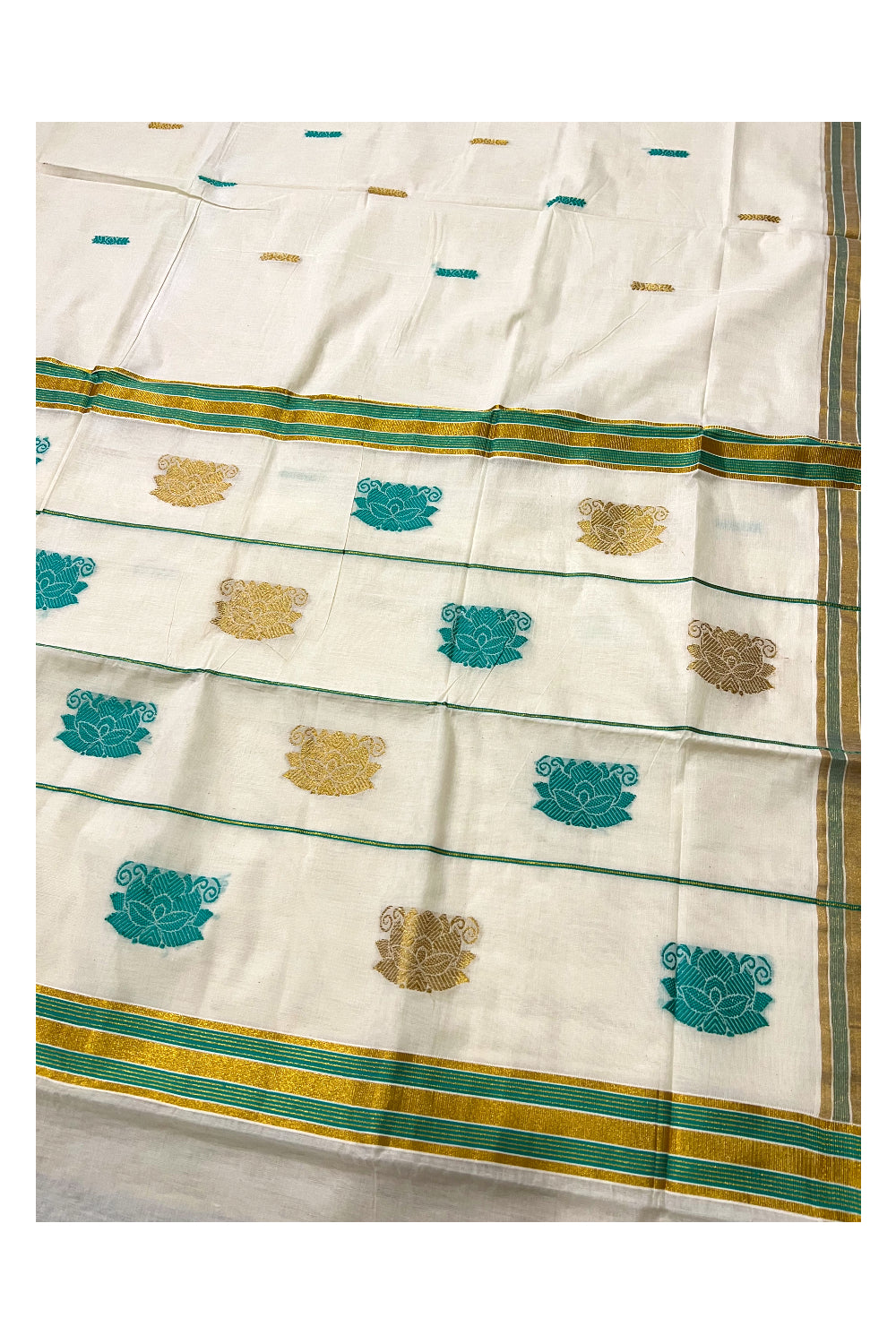 Southloom Pure Cotton Kerala Saree with Kasavu and Turquoise Heavy Works