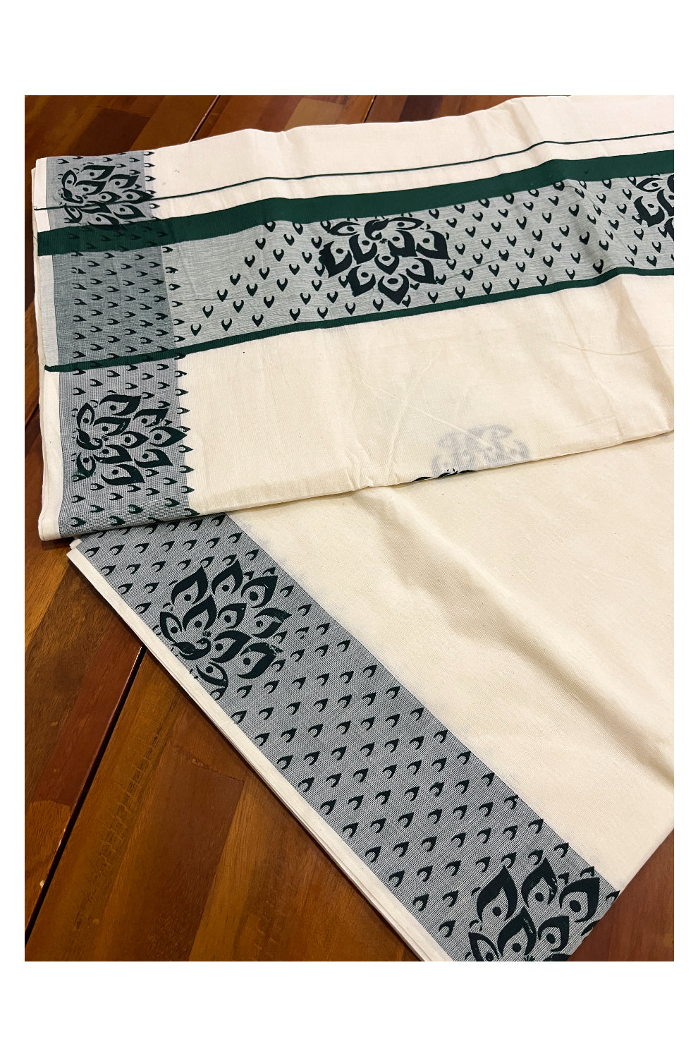 Pure Cotton Off White Kerala Saree with Green Block Prints on Border