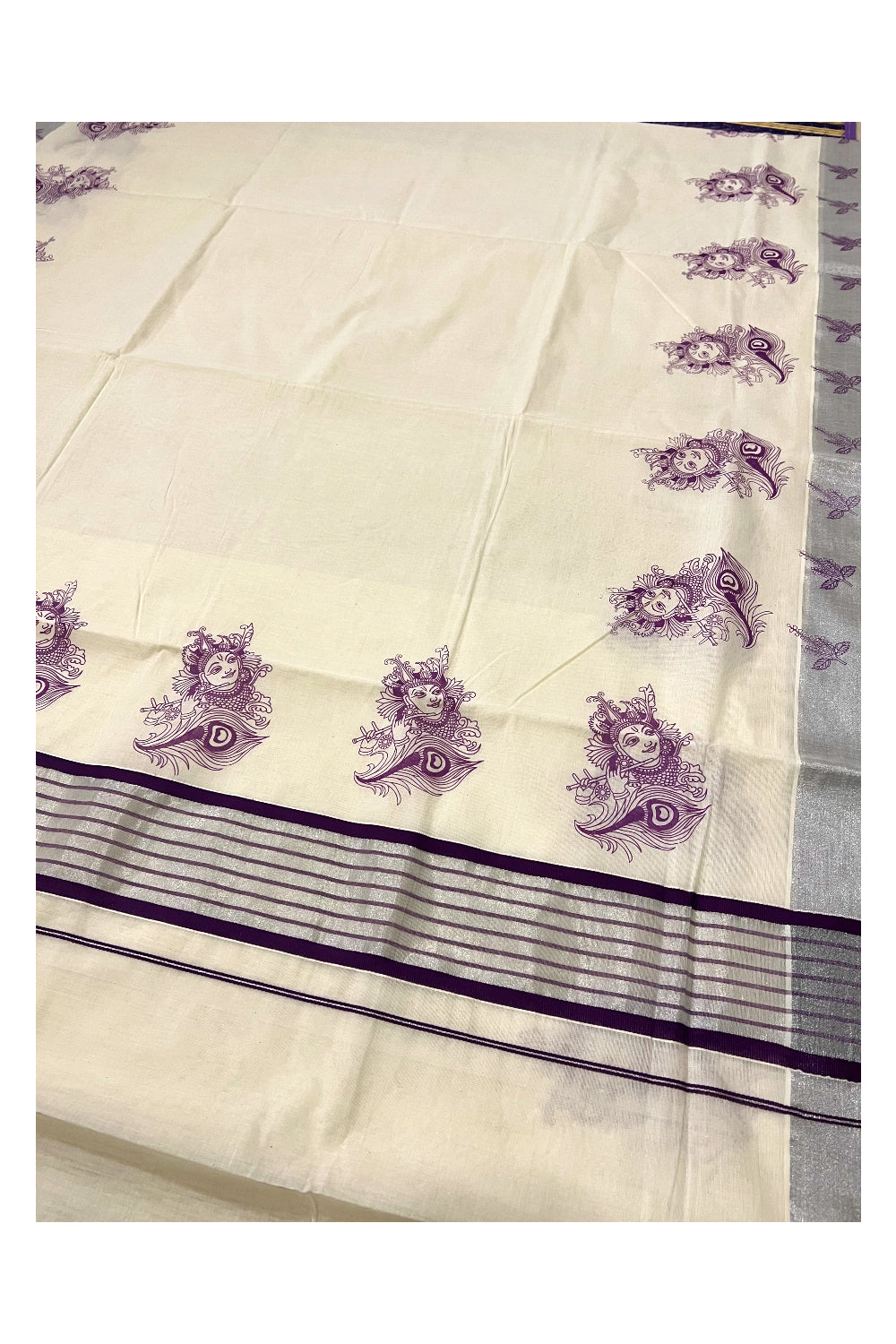 Pure Cotton Kerala Silver Kasavu and Purple Border Saree with Krishna and Feather Block Prints