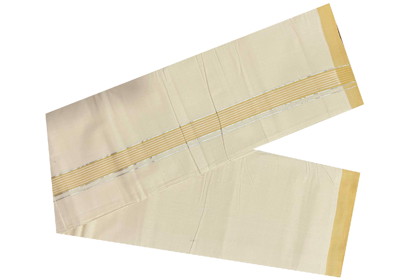 Southloom Balaramapuram Pure Cotton Handloom Mundu with Silver Kasavu and Yellow Lines Border