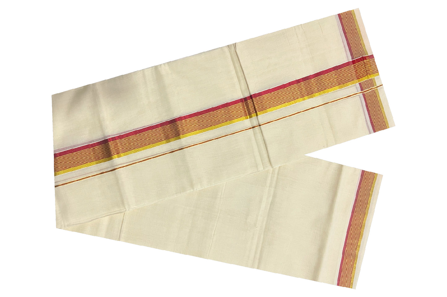 Southloom Balaramapuram Handloom Pure Cotton Mundu with Golden and Red Kasavu Border (South Indian Kerala Dhoti)