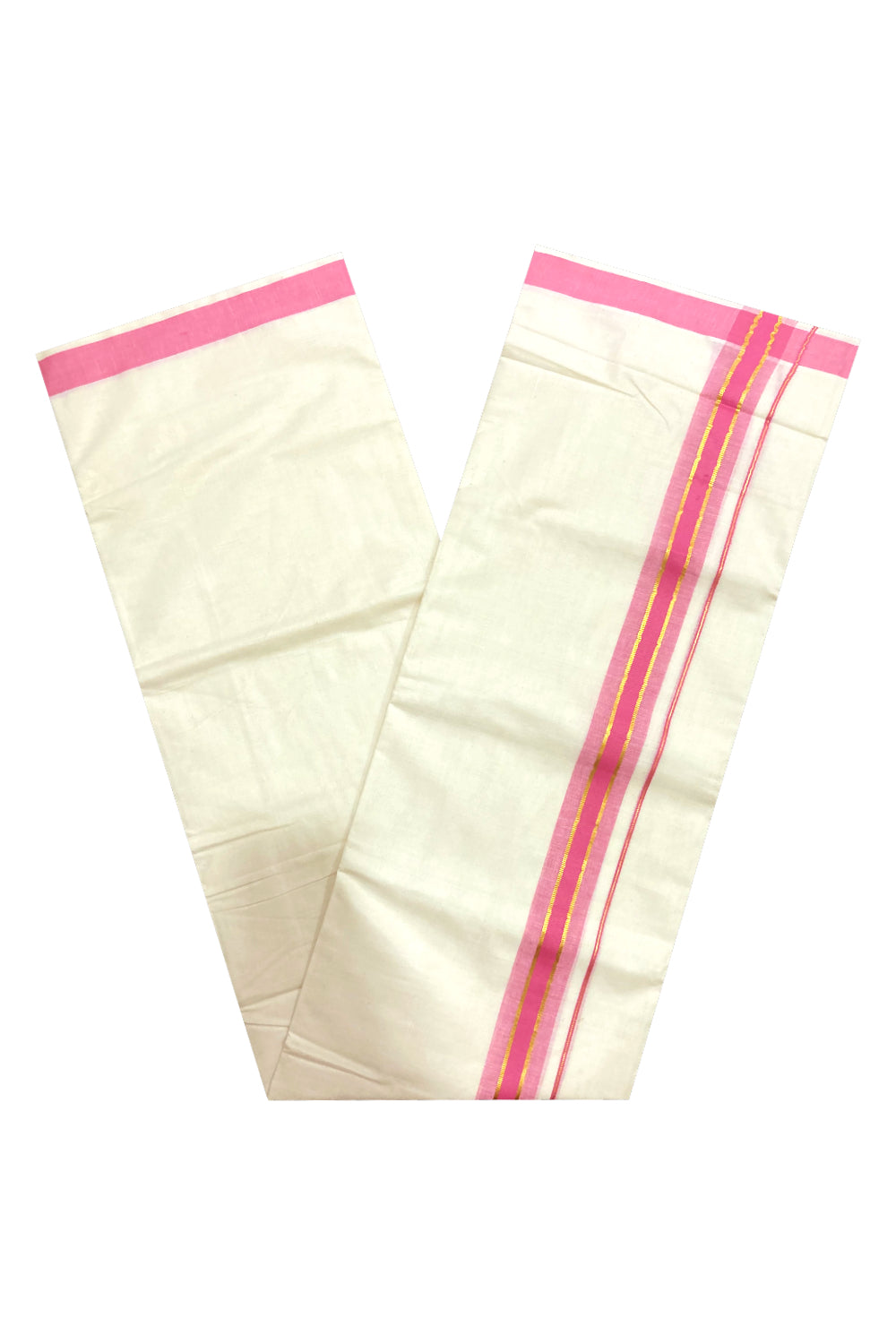 Pure Cotton Double Mundu with Pink and Kasavu Border (South Indian Dhoti)