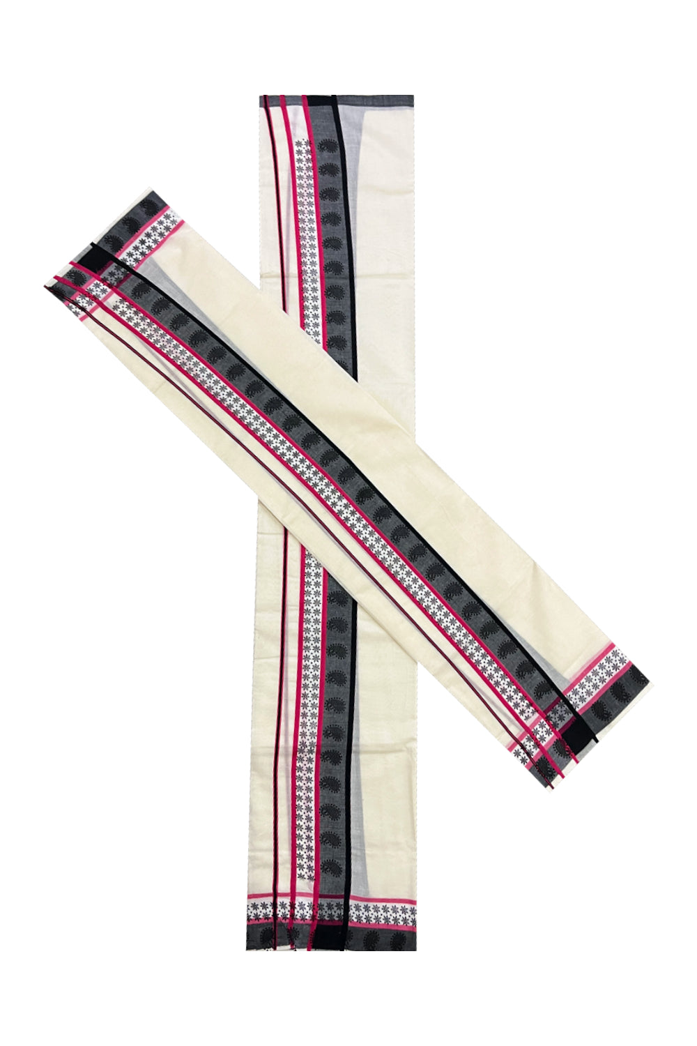 Kerala Cotton Single Set Mundu (Mundum Neriyathum) with Red Black Block Prints on Border