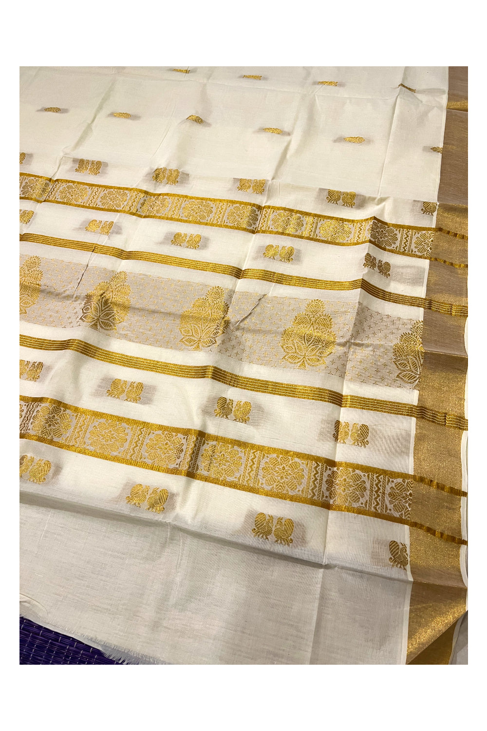 Pure Cotton Kerala Kasavu Heavy Work Saree with Peacock Floral Design