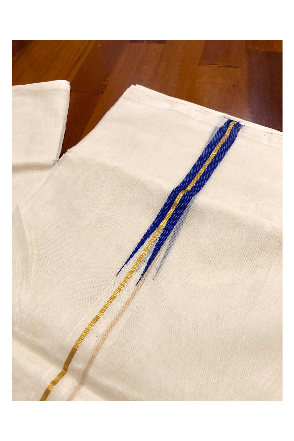 Southloom Premium Handloom Kasavu Double Mundu with Blue Chutti (South Indian Dhoti)