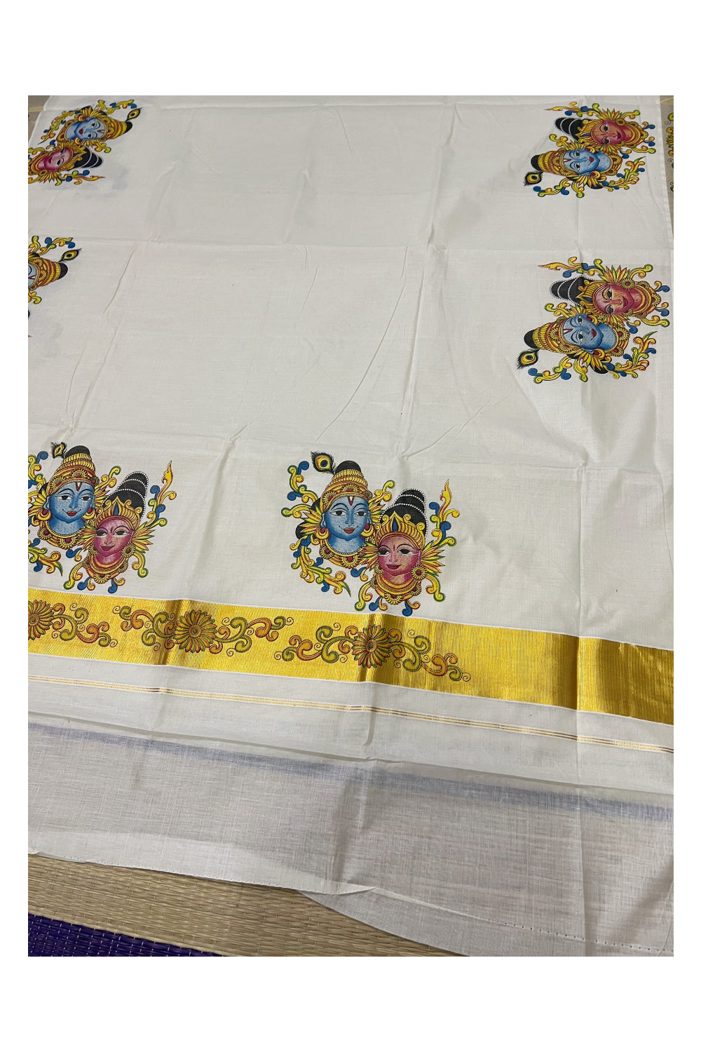 Pure Cotton Kerala Kasavu Saree with Mural Printed Krishna Radha Face Design