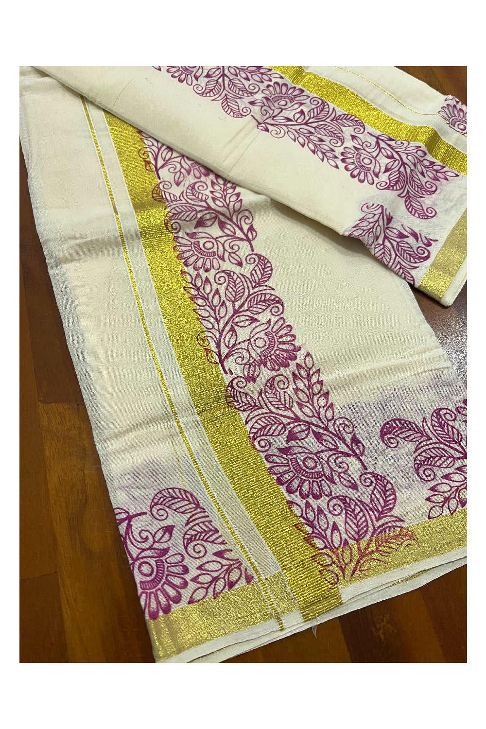 Kerala Cotton Kasavu Set Mundu (Mundum Neriyathum) with Magenta Floral Block Prints on Border