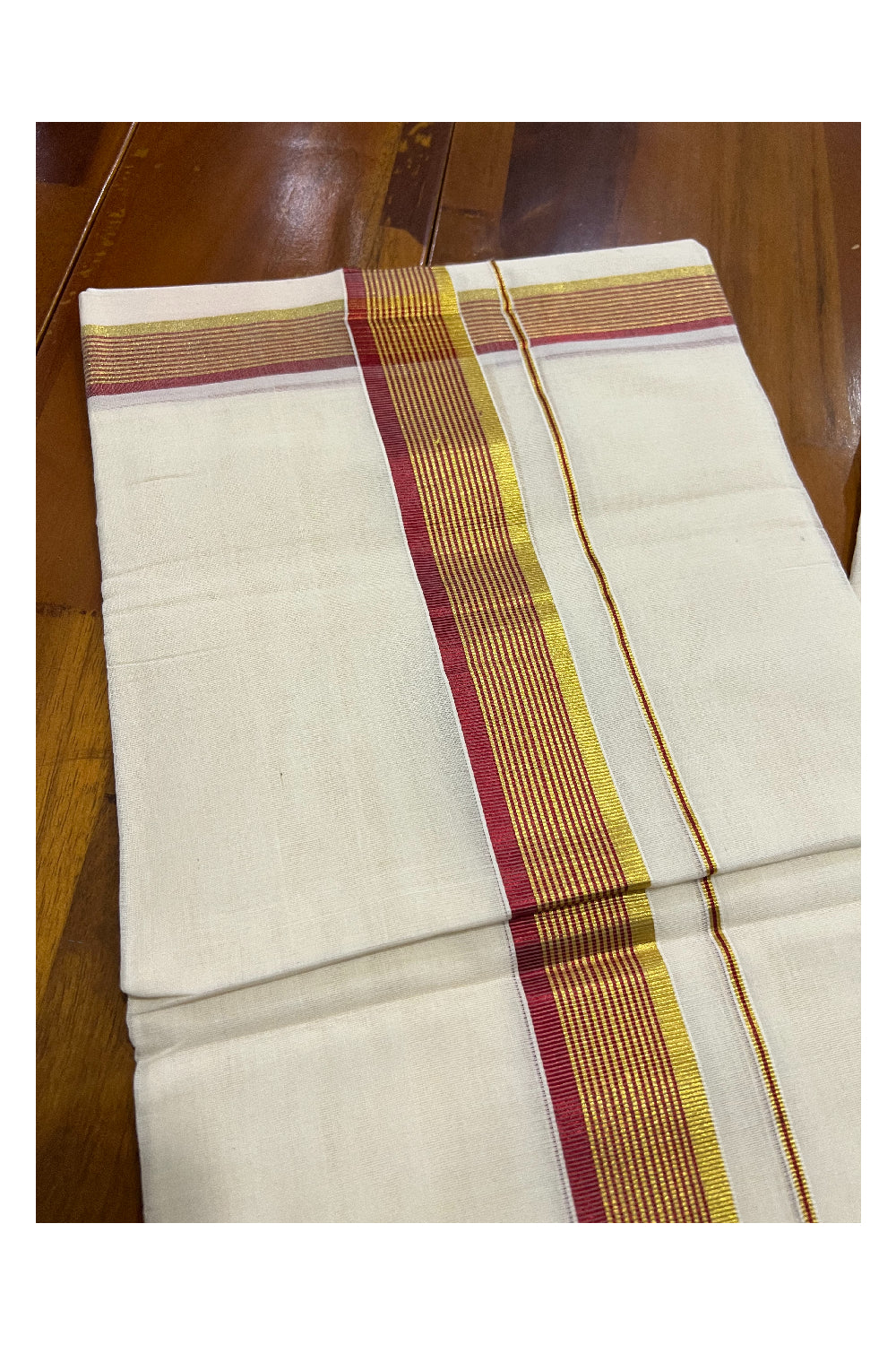 Southloom Balaramapuram Handloom Pure Cotton Mundu with Golden and Red Kasavu Border (South Indian Kerala Dhoti)