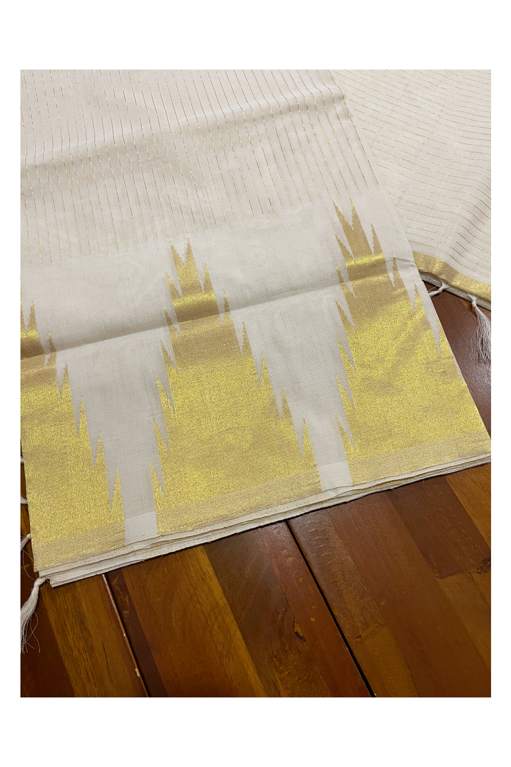 Southloom Premium Handloom Kerala Saree with Kasavu Lines Across Body and Unique Temple Design Border