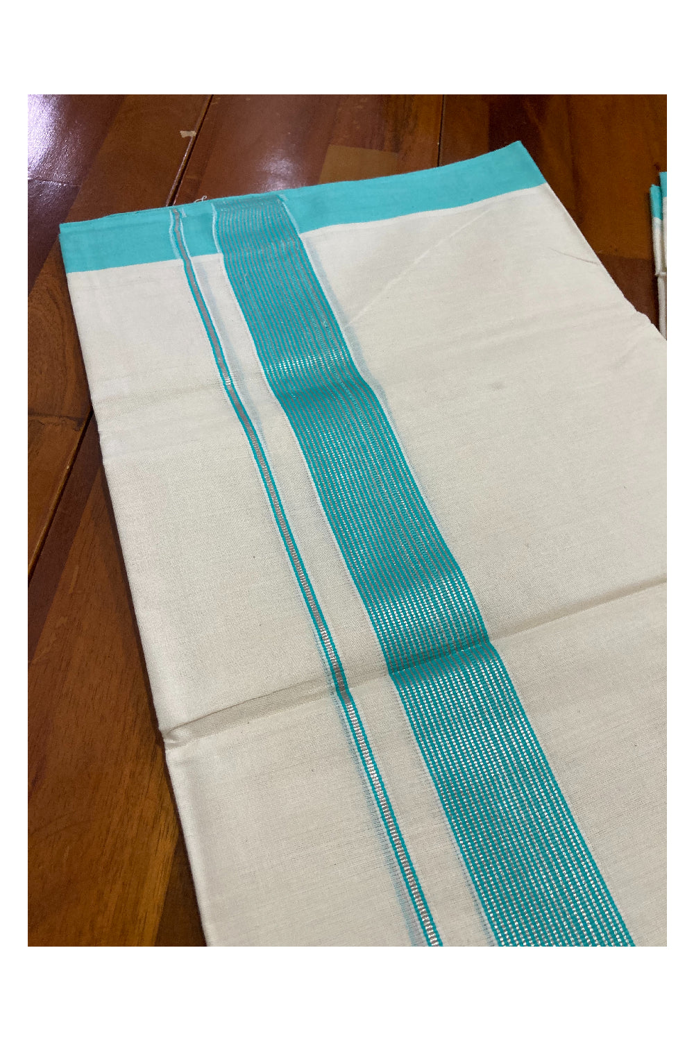 Off White Kerala Double Mundu with Silver Kasavu and Turquoise Line Border (South Indian Dhoti)