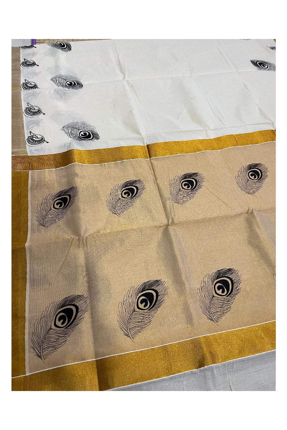 Kerala Cotton Kasavu Saree with Black Feather Block Prints on Border and Tissue Pallu