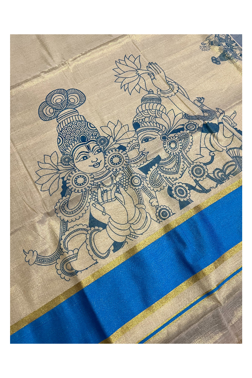 Kerala Tissue Kasavu Mural Printed Saree with Krishna Radha Design and Light Blue Border