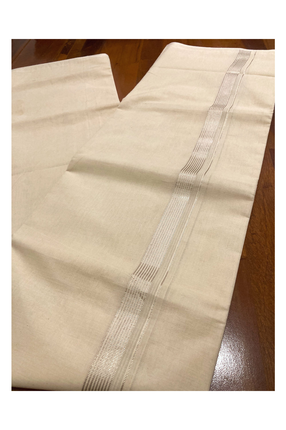 Off White Kerala Double Mundu with Silver Lines Border (South Indian Dhoti)