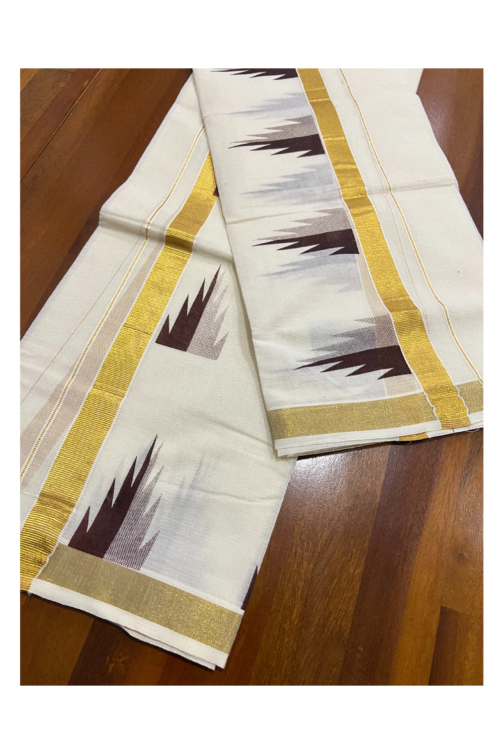 Kerala Cotton Kasavu Set Mundu (Mundum Neriyathum) with Brown Temple Block Prints