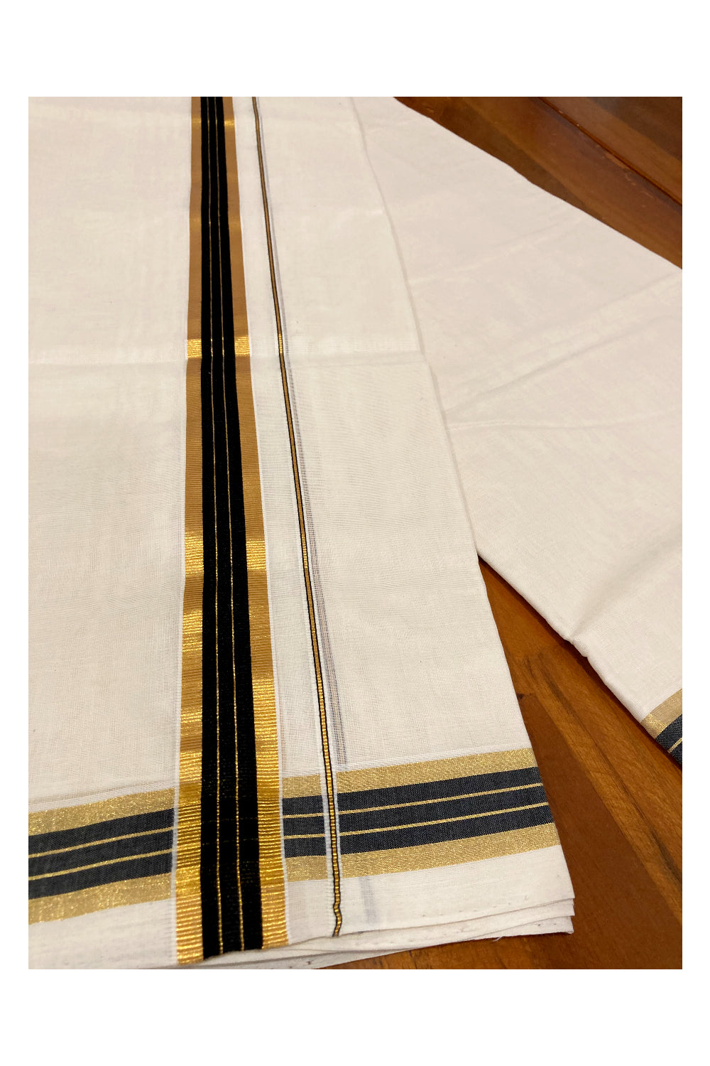 Southloom Premium Handloom Cotton Off White Mundu with Black and Kasavu Line Border (South Indian Dhoti)