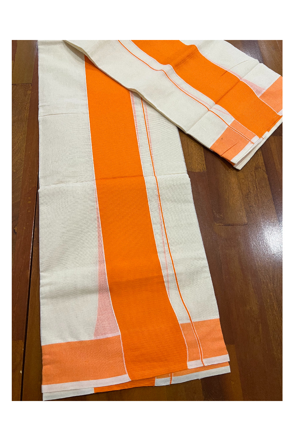 Kerala Cotton Mundum Neriyathum Single (Set Mundu) with Orange Border