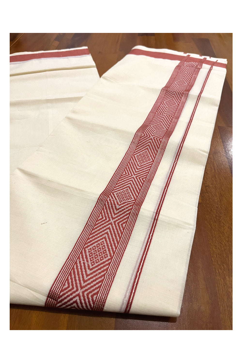 Pure Cotton Off White Double Mundu with Silver Kasavu and Red Woven Border (South Indian Dhoti)