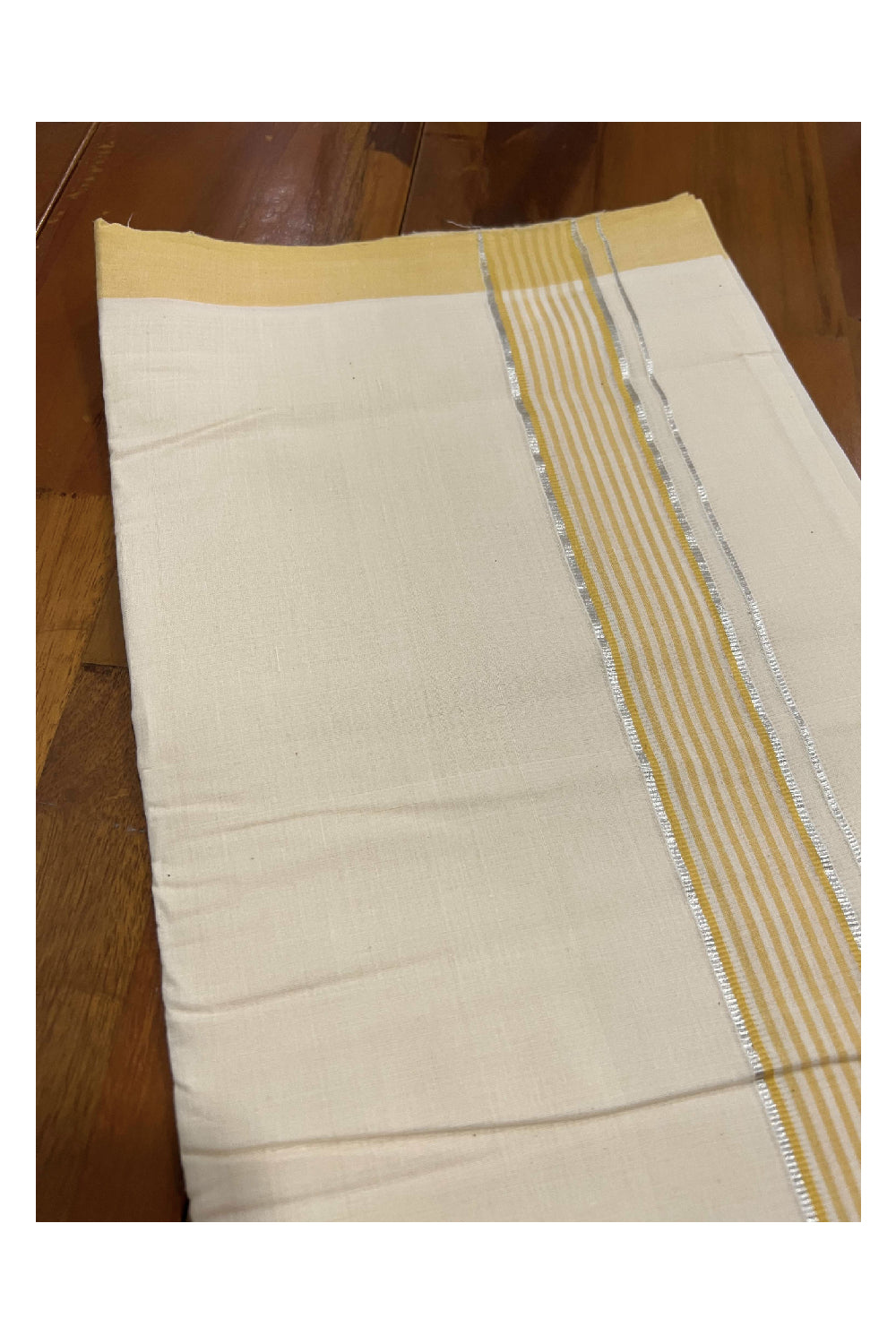 Southloom Balaramapuram Pure Cotton Handloom Mundu with Silver Kasavu and Yellow Lines Border