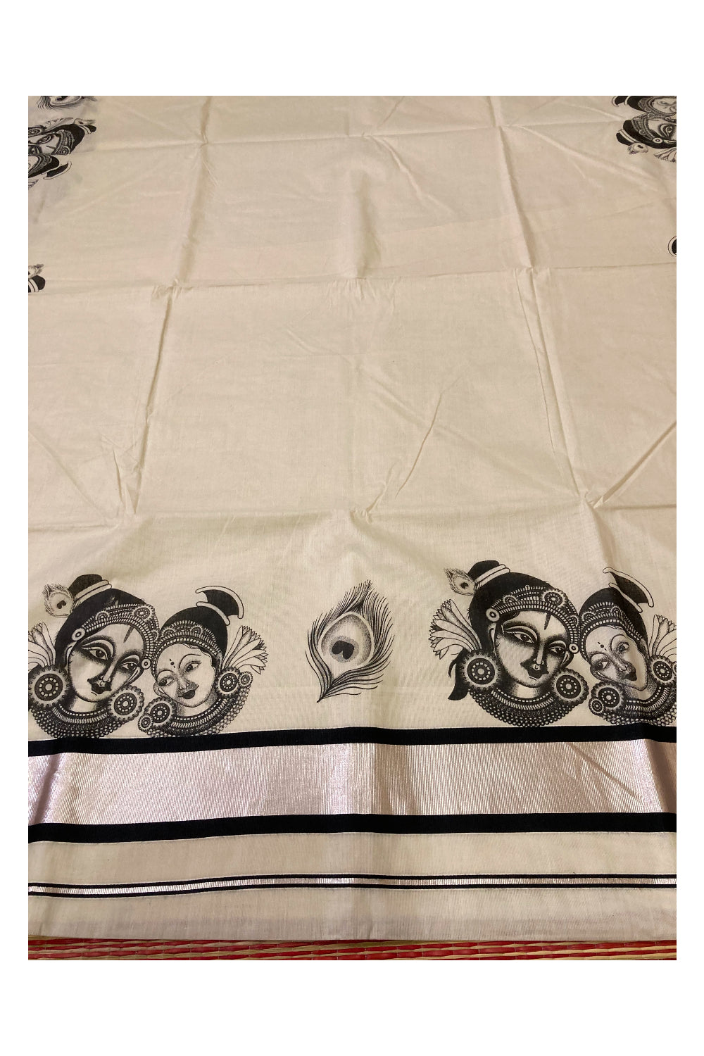 Kerala Pure Cotton Silver Kasavu Saree with Krishna Radha Face Mural Prints