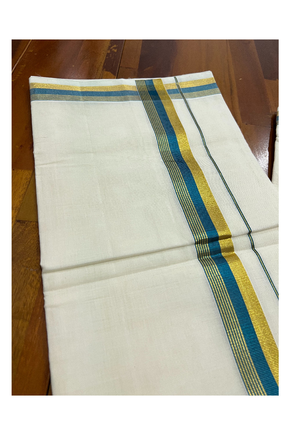 Southloom Kuthampully Handloom Pure Cotton Mundu with Goden and Teal Blue Kasavu Border (South Indian Dhoti)